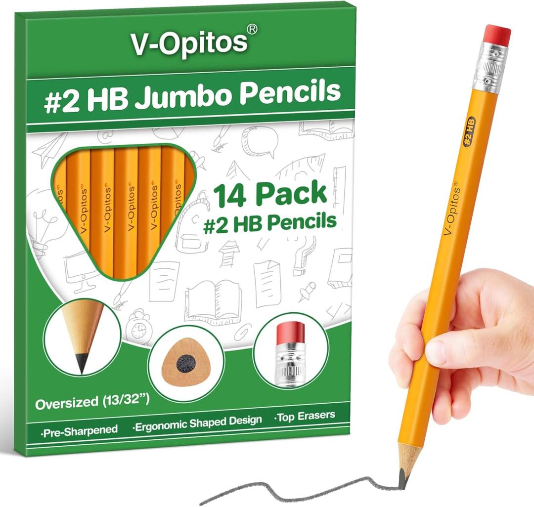 V-Opitos Jumbo #2 HB Pencils - 14 Pack Triangle Pre-sharpened Wood-Cased Pencils with Top Erasers for Kids, Ideal for Home, Kindergarten, School Classroom