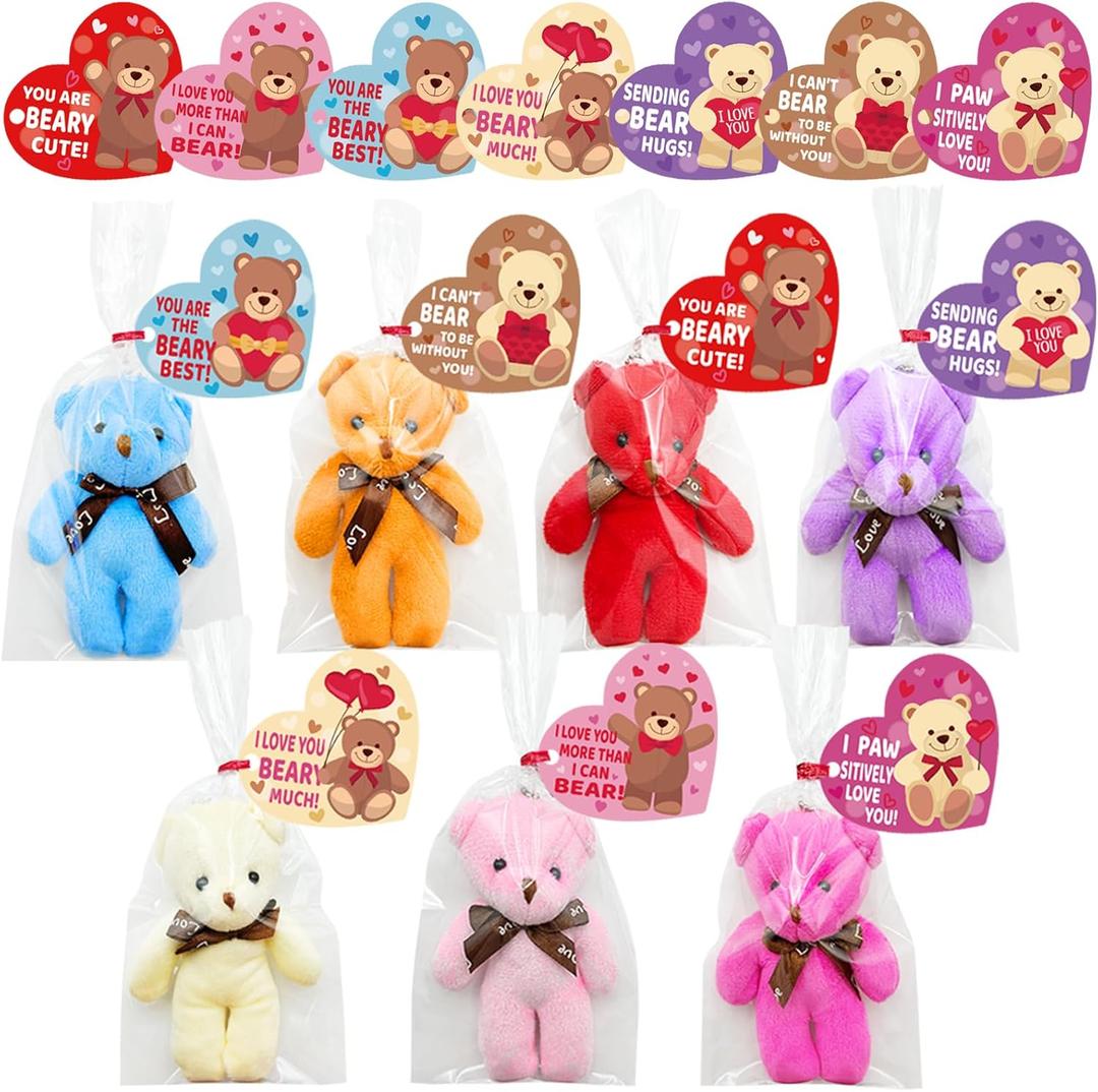 28 Pack Valentines Day Gifts Cards with Plush Bears Toys, Mini Stuffed Animals with Valentine's Greeting Cards for Kids Classrom School Exchange Prize Party Favors(Heart Cards)