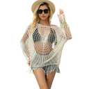 STARWHISPER Womens Swim Cover Up for Swimwear, Cotton Crochet Bikini Beach Dress, Long Sleeve Deep V Swimsuit Tunic
