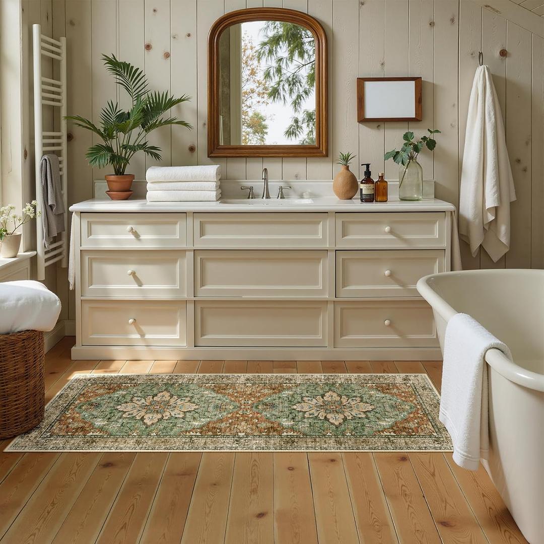 RELEANY Area Rugs 2'x5' Runner Rug Non Slip Washable for Kitchen Hallway Bedroom Beside Laundry Room Bathroom Rug, Floor Carpet, Brick Red Rust Neutral Brown Burnt Orange Green