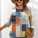 LOMON Plus Size Women Blouses 3/4 Length Sleeve Tops Crewneck Pleated Casual Tees Shirts 1X-5X (Blanket Print)