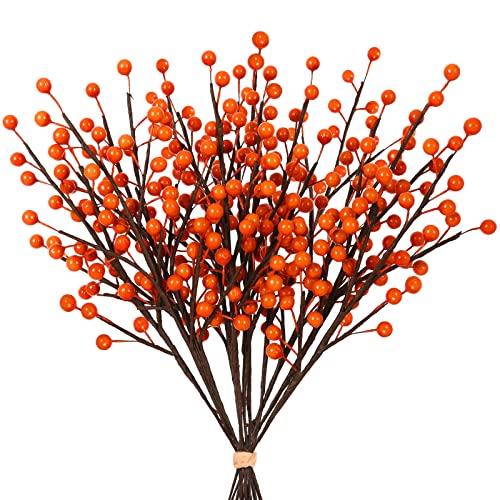 Whaline 12 Pack Fall Berry Stems Autumn Artificial Orange Glossy Berry Twigs Faux Xmas Berry Picks for Thanksgiving Christmas Tree Ornaments Crafts Holiday Home Festival Christmas Decoration