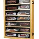 Pocket Knife Display Case 7 Rows Lockable Wooden Knife Shadow Box with HD Tempered Glass, Military Folding Knife Cabinet Stand for Wall with Removable Shelves, Gold