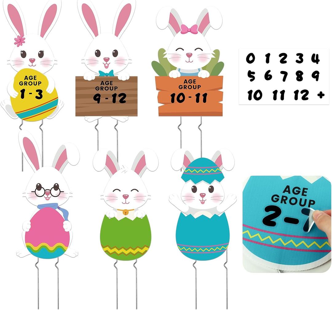 3 x RattanView 6 Pcs Easter Hunt Age Group Yard Sign Set Bunny Family Yard Signs with Metal Stakes Vinyl Number Stickers for Yards Lawn Garden Decor Party Supplies Spring Props Happy Easter Sign