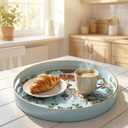 Zosenley Round Decorative Tray, 13 Inch Plastic Serving Tray with Handles, Leopard Style Vanity Organizer for Ottoman, Coffee Table, Kitchen, Bathroom (Blue)