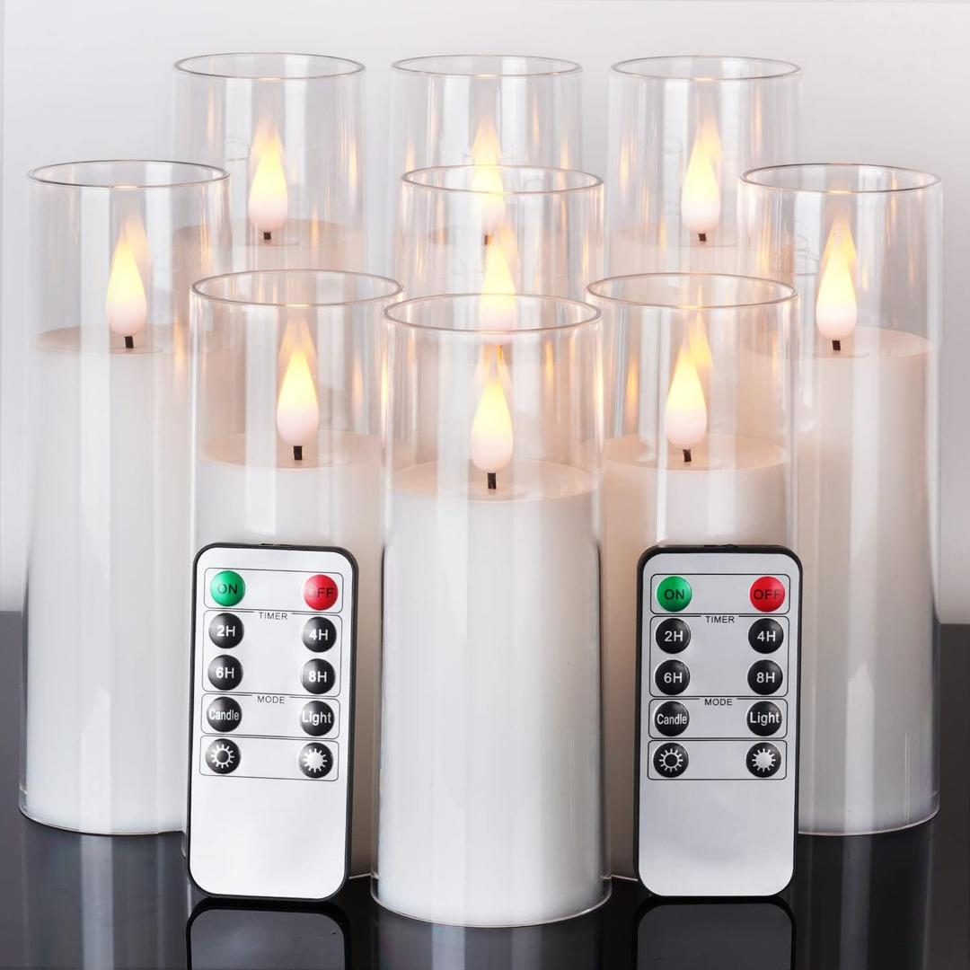 Amagic Magic Pure White Flameless Candles, Battery Operated Candles, Acrylic Flickering LED Pillar Candles with Remote Control and Timer, 3D Wick, Yellow and Blue Glow, D2.2 xH5.5 6.5" 7.5", Set of 9