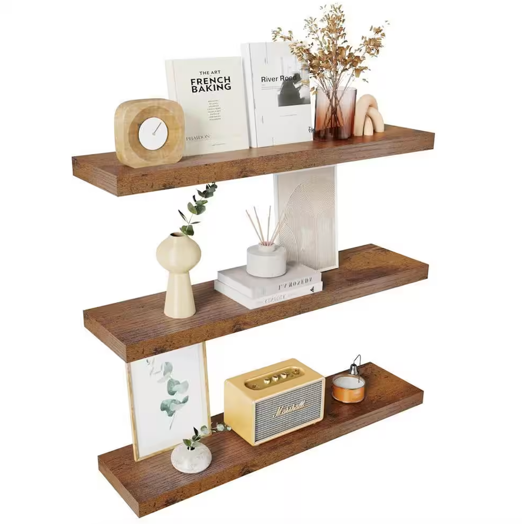 Colima Floating Shelves for Wood Shelf for Bedroom, 36 Inch Wall Mounted Floating Shelves for Bathroom Living Room Kitchen Office, 1.5" Thick Floating Book Shelves for Wall, Set of 3 Brown