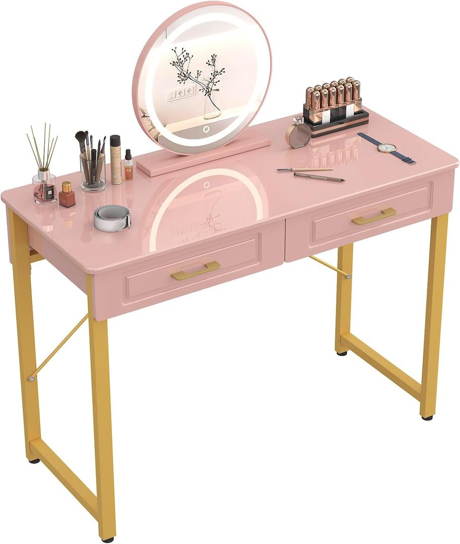 WESTREE Vanity Desk with 2 Drawers and Storage Shelf, Modern Makeup Table with Glossy Desktop, Gold Metal Frame Writing Desk for Bedroom or Home Office, No Mirror (40 Inch, Pink)