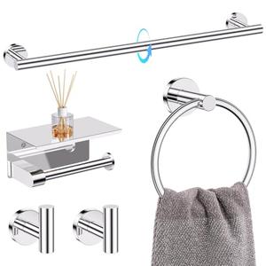 TQKAG 5 Piece Bathroom Towel Bar Holder Sets Polished Chrome Bathroom Hardware Set Stainless Steel Toilet Paper Holder with Shelf Bathroom Accessories Kit Wall Mounted