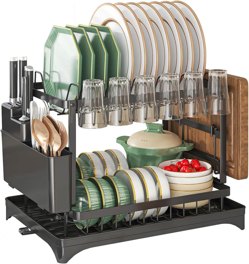 Dish Drying Rack 2 Tier, Space-Saving Dish Drainer with 360 Rotating Drainage Tray, Cup Holder Utensil Holder, Cutting Board Rack, Rustproof Stainless Steel Organizer for Small Kitchens, Apartments, Black