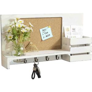 MyGift Entryway Wall Organizer Vintage White Wood Entryway Rack Mail Sorter with Corkboard, 4 Brass Metal Hooks & Glass Vase