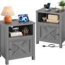 Marsail Farmhouse Nightstand Set of 2 with Charging Station, Wood Bedside Table with USB Port & AC Outlet, Open Shelf and Enclosed Cabinet, Side Table with Storage for Bedroom, Grey