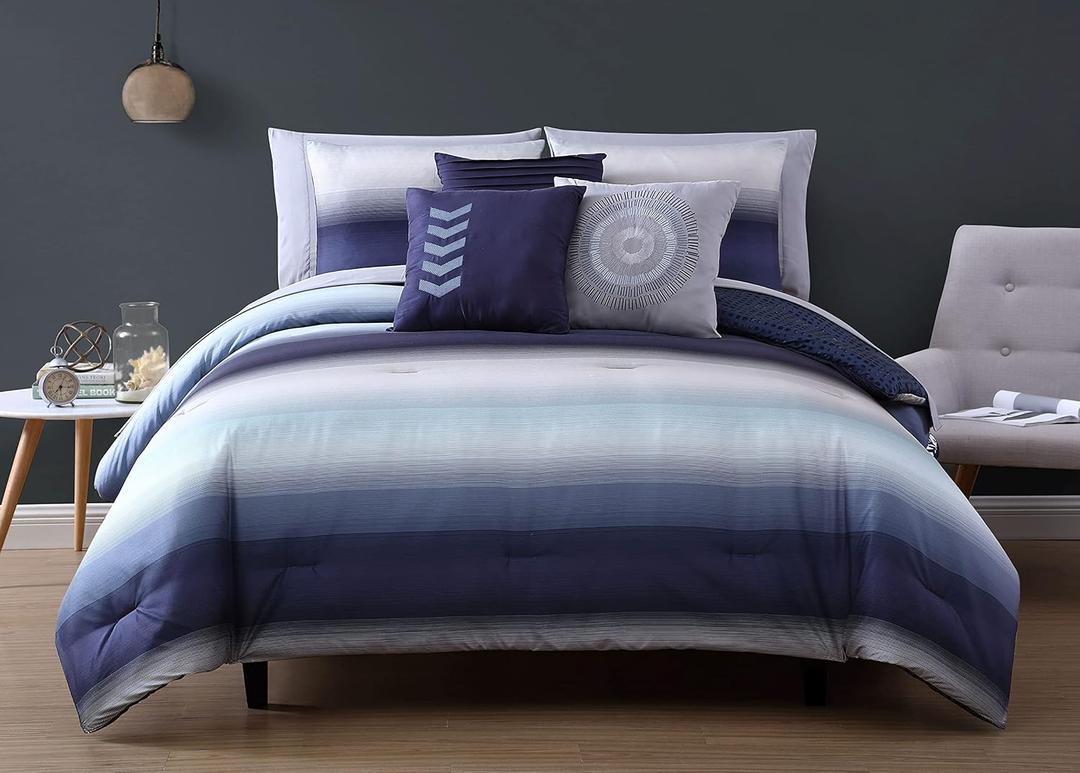 Avondale Manor Cypress Queen Bed Set, 10 Piece Reversible Comforter Set, Hypoallergenic Bedding, Down Alternative, 1 Queen Sheet Set, 2 Pillow Cases, 3 Decorative Pillows, 2 Pillow Shams, Navy Grey