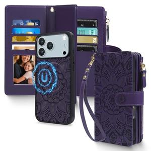 Harryshell 2 in 1 for iPhone 17 Pro Max Wallet Case Magnetic Compatible with Magsafe RFID Blocking Card Holder Detachable Phone Cover Zipper Purse Kickstand Wrist Strap for Men Women Floral Purple