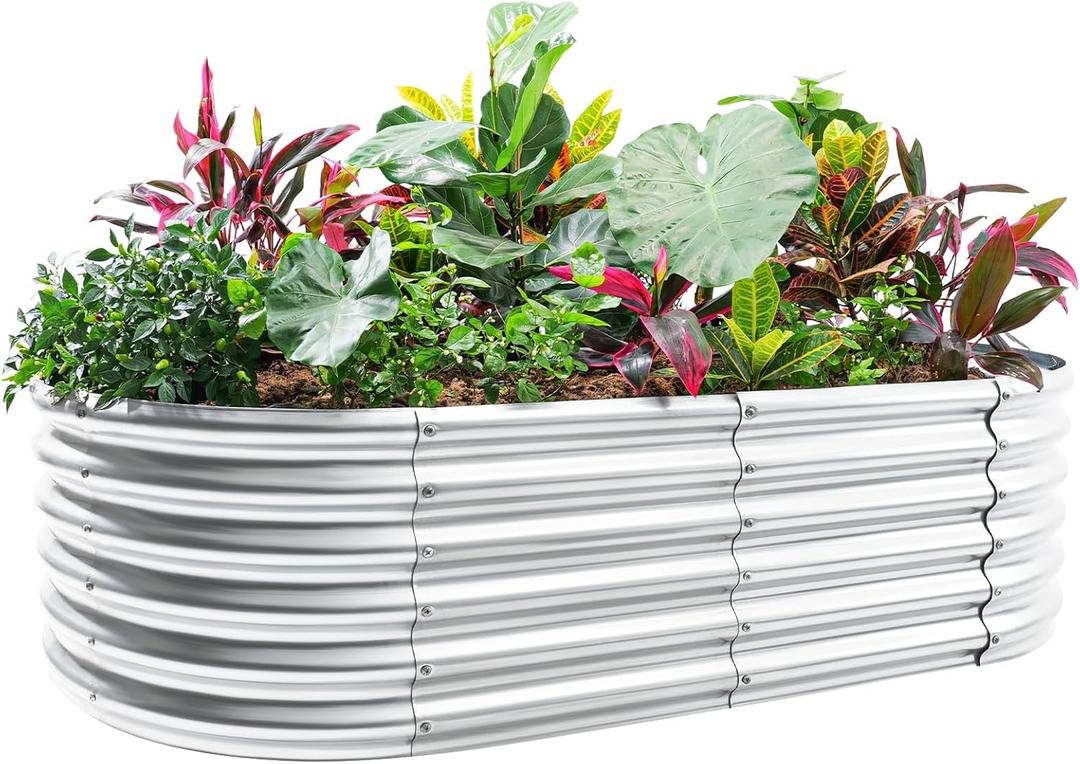 Land Guard 421.5ft Galvanized Raised Garden Bed Kit, Galvanized Planter Garden Boxes Outdoor, Oval Large Metal Raised Garden Bed for Vegetables (Classic Silver