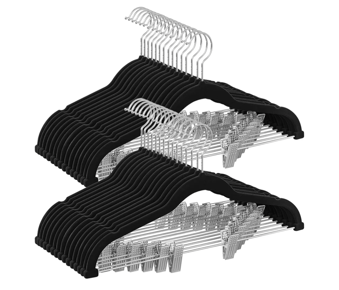 Pants Hangers, Velvet Trousers Hangers with Adjustable Clips, Heavy-Duty, Non-Slip, Space-Saving for Pants, Skirts, Coats, Dresses, Tank Tops, Black, 18PCS