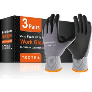 NEOTRIL Safety Work Gloves MicroFoam Nitrile Coated-3 Pairs, Seamless Knit Nylon Bulk Pack Working Gloves with Grip for Men Women Light Duty Work, Automotive, Warehouse (Gray, L)