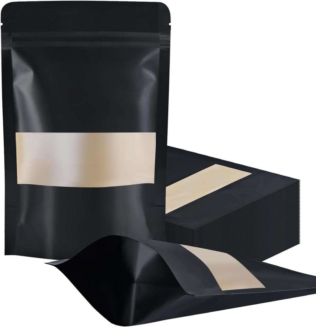 FireKylin 100 Pcs Resealable bags,3.9" x 5.9" Stand Up Black Paper Bags with Matte Window, Zipper Food Storage Bags for Packaging Products, Reusable, Sealable