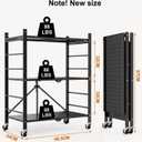 Himix Storage Shelves with 6 Hooks, 3 Tier Foldable Shelf with Wheels, Metal Storage Shelving Unit Rolling Cart, Utility Shelf Rack Organization Shelves for Pantry, Kitchen, Black - No Assembly