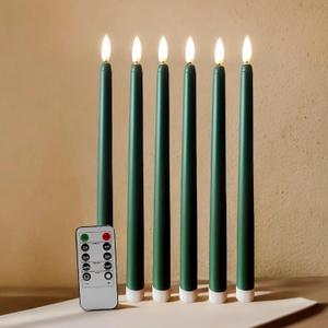 Green Christmas Flameless Taper Candles with Remote Timer, Flickering Battery Operated LED Candlesticks Set of 6