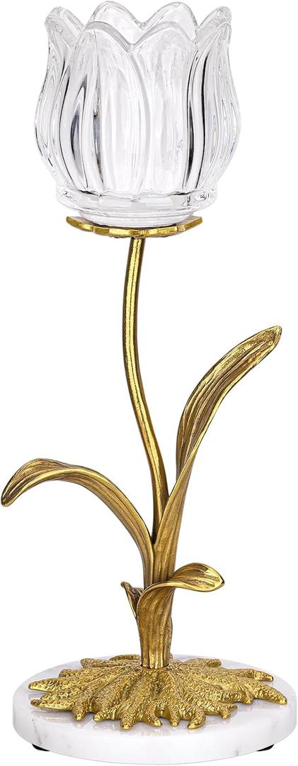 Candle Holder, Cut Rose Shaped Brass Candle Holder High-end Light Luxury Creative Art Crystal Glass Flower Candle Sticks Holder Decor Marble Disc Base Romantic Ambiance Table Decoration