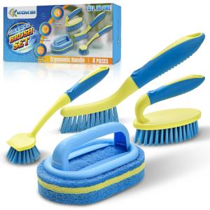 Scrub Brush Set for Bathroom Kitchen Bathtub Toilet Deep Cleaning Brush Tools All Purpose Cleaner Sponge Scrubbing Brushes with Ergonomic Handle, 4-Piece