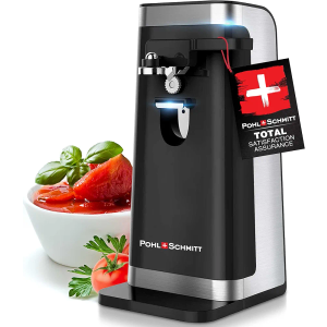 POHL SCHMITT Electric Can Opener, Easy Push Down Lever, Knife Sharpener, Bottle Opener & Built-In Cord Storage, Opens All Standard-Size and Pop-Top Cans, Black