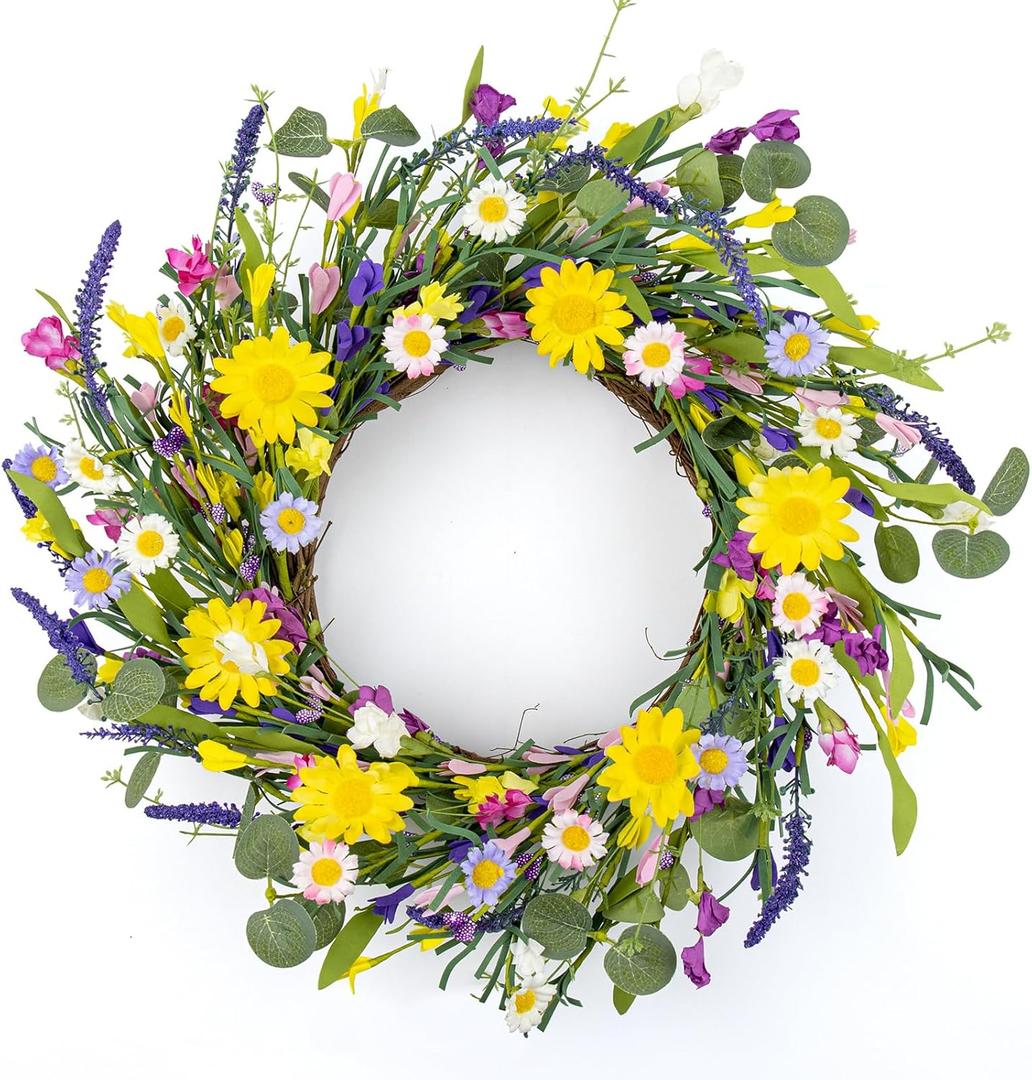 J'FLORU Artificial Spring Wreath Summer Wreaths for Front Door Floral Wreath with Daisy and Lavender for Indoor Outdoor Easter Celebration (18 Inch) (Multicolor)