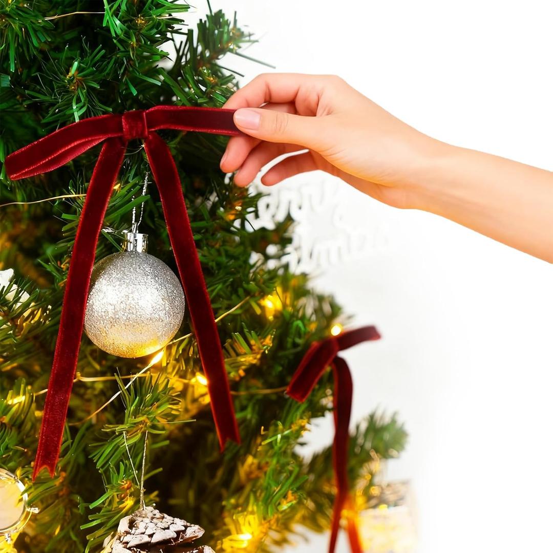 Burgundy Velvet Ribbon Bows for Valentine's Day & Mother's Day Door Wreath Garland Decor. (24 Pcs, 3/8'' Wide, 5 * 7 inch)