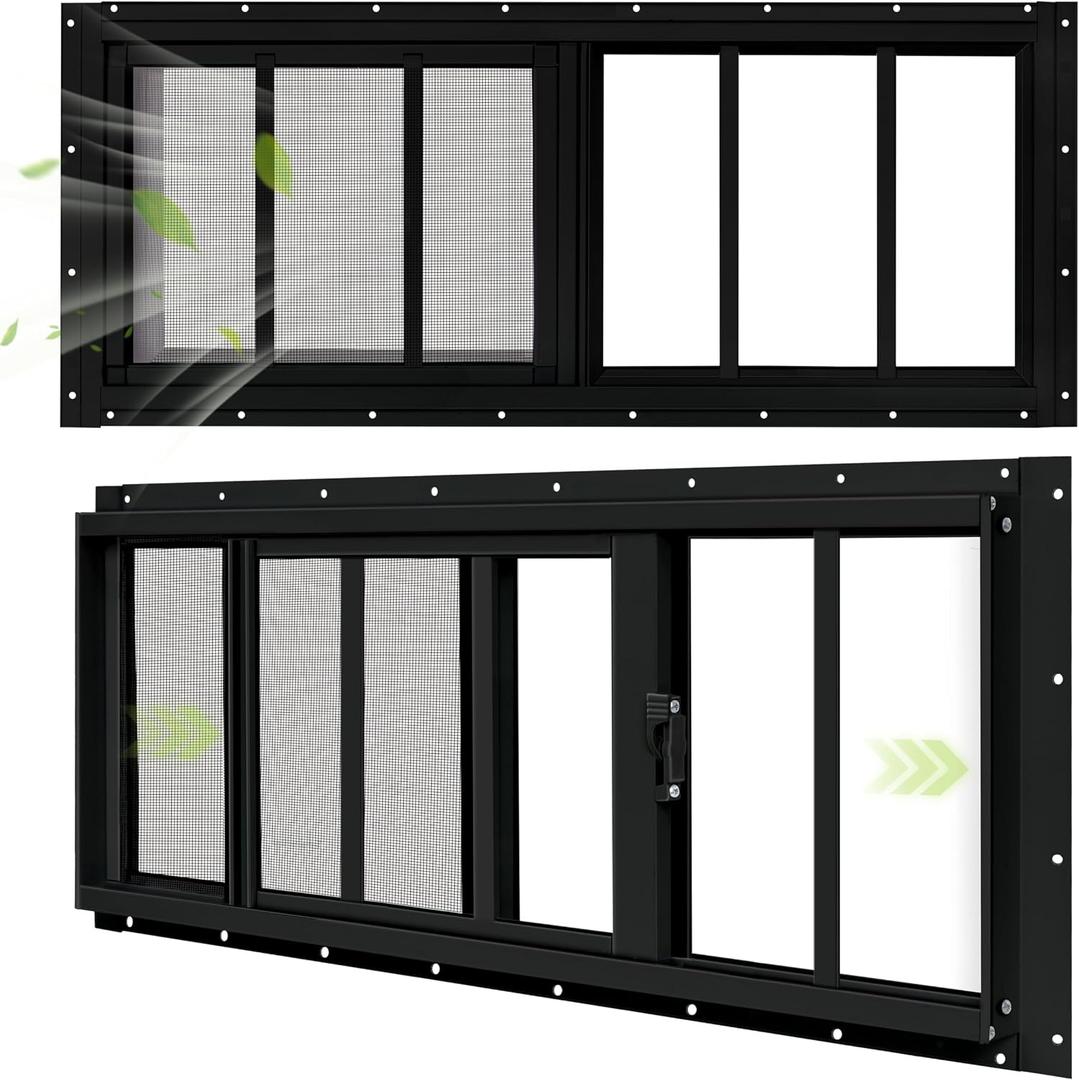 2 Pack Shed Windows, 12"x 29" Black Sliding Window Suitable for Chicken Coop, shed, Household, Barn - Transom Window with Tempered Glass and Fiberglass Screen (BK,12''x 29'')