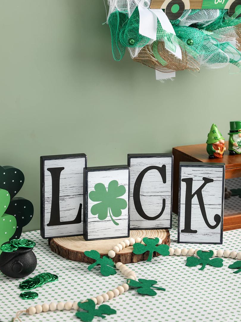 Valentine's Day Décor 4 PCS Reversible St. Patrick's Day Wood Signs Tiered Tray Mantle Shelf Décor for Valentine Farmhouse Heart Shamrocks Wood Blocks