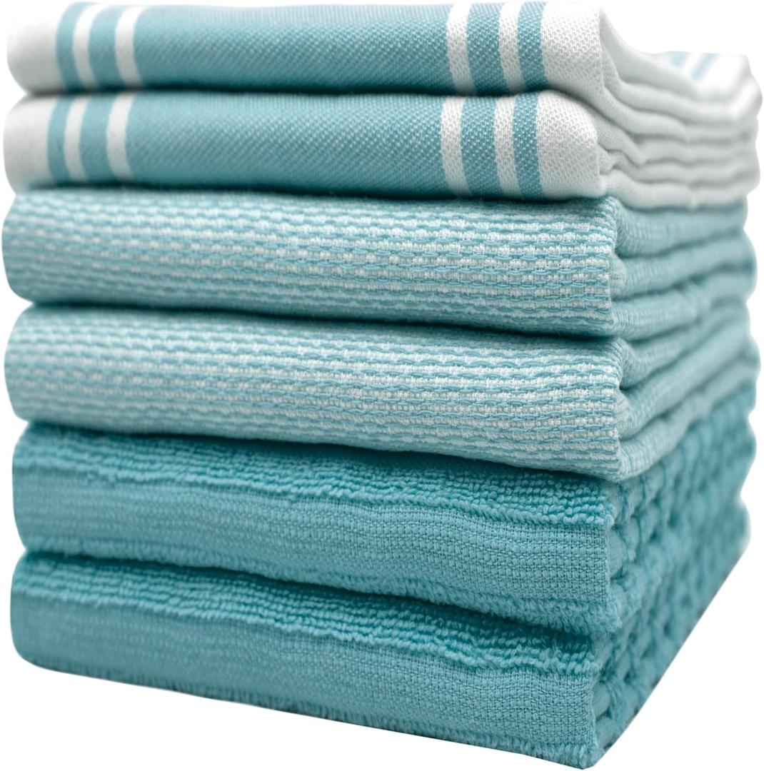 Premium Kitchen Towels (20x 28, 6 Pack) | Large Cotton Dish Towels | Flat & Terry Highly Absorbent Kitchen Linen Set with Hanging Loop | Wide Stripe Aqua
