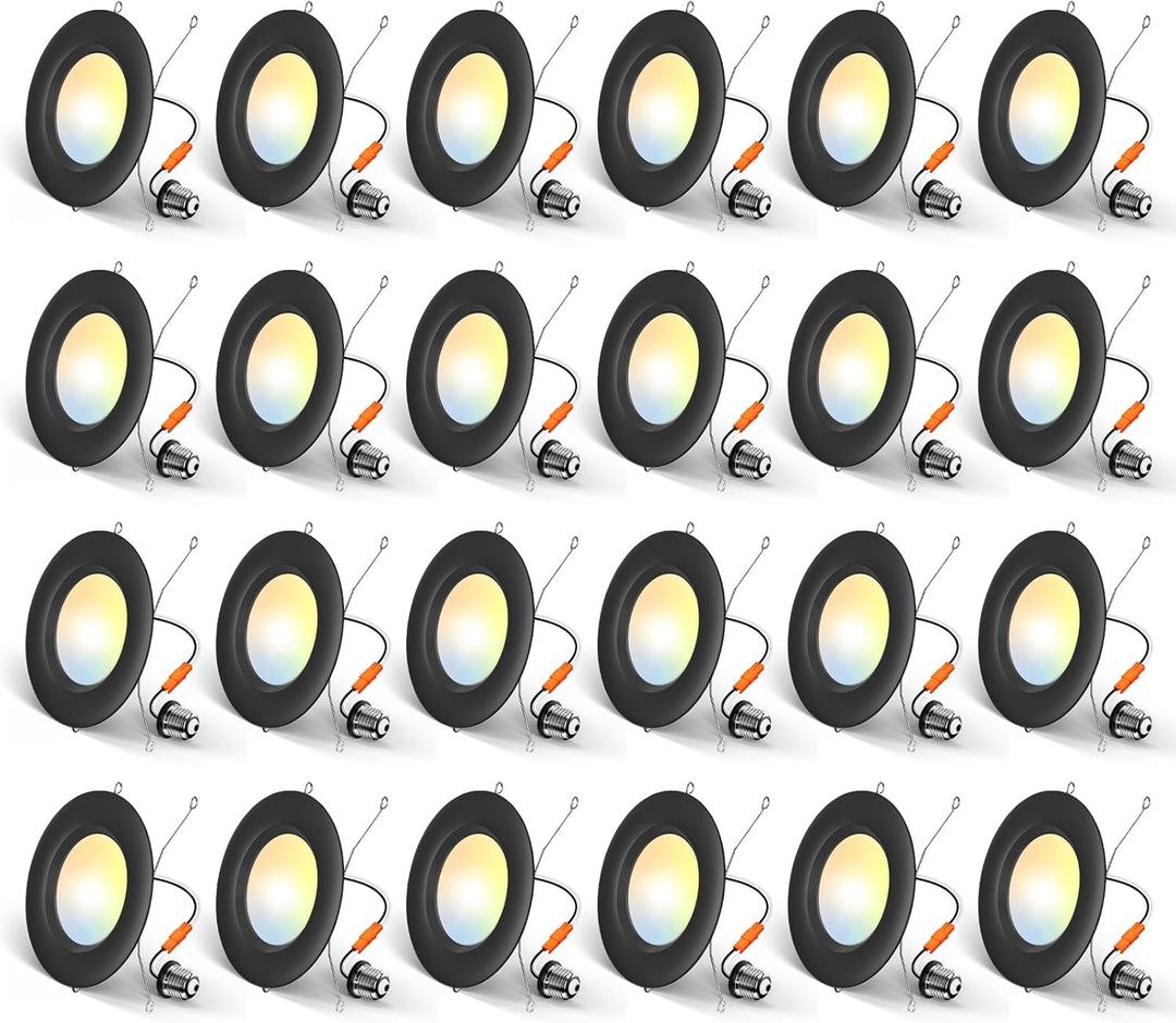 Amico 24 Pack 5/6 inch 5CCT LED Recessed Lighting, Dimmable, 12.5W=100W, 950LM, 2700K/3000K/4000K/5000K/6000K Selectable, Retrofit Can Lights with Baffle Trim, IC Rated - ETL & FCC, Black