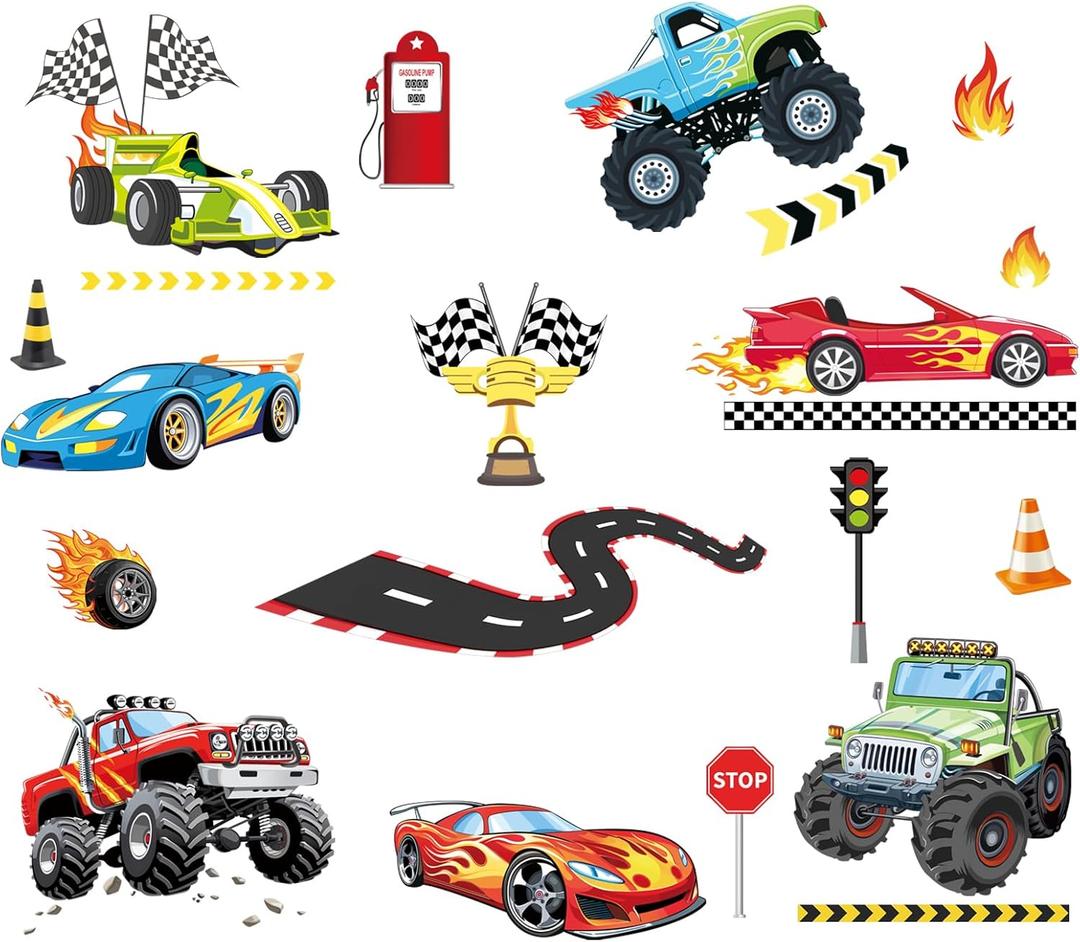 Racing Car Wall Stickers Roads Transportation Vehicle Wall Decals Peel and Stick Kids Boys Bedroom Nursery Wall Decor
