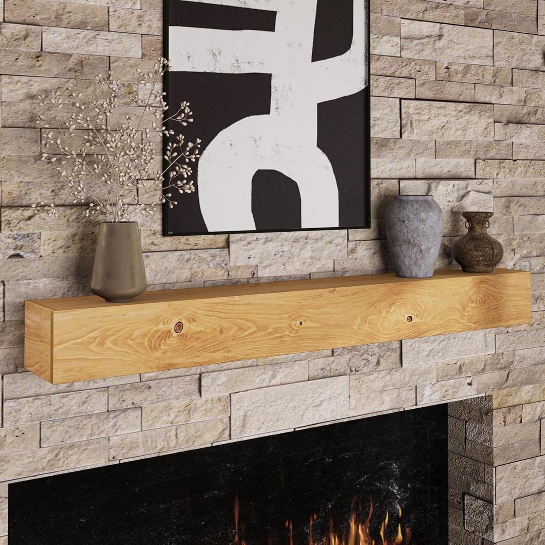 Fun Memories Floating Fireplace Mantel - Handcrafted Wood Mantles for Over Fireplace - Wall Mounted Farmhouse Fireplace Mantel Shelf - 60" x 8" x 5"- Natural (Honey Maple Finish)