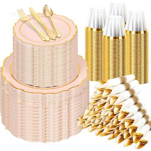 Sylans 700PCS Pink Plastic Plates Disposable Dinnerware Set for 100 Guests | Pink and Gold Plastic Plates, 200 Plates, 100 Rolled Napkins Silverware, 100 Cups for Party, Wedding, Birthday & Baby Shower