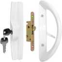 Patio Sliding Door Handle Set with Mortise Lock and Key Cylinder, Full Replacement Sliding Door Handle Lock Set Fits Door Thickness from 1-1/2" to 1-3/4", 3-15/16" Screw Hole Spacing, Keyed, White (with Key)