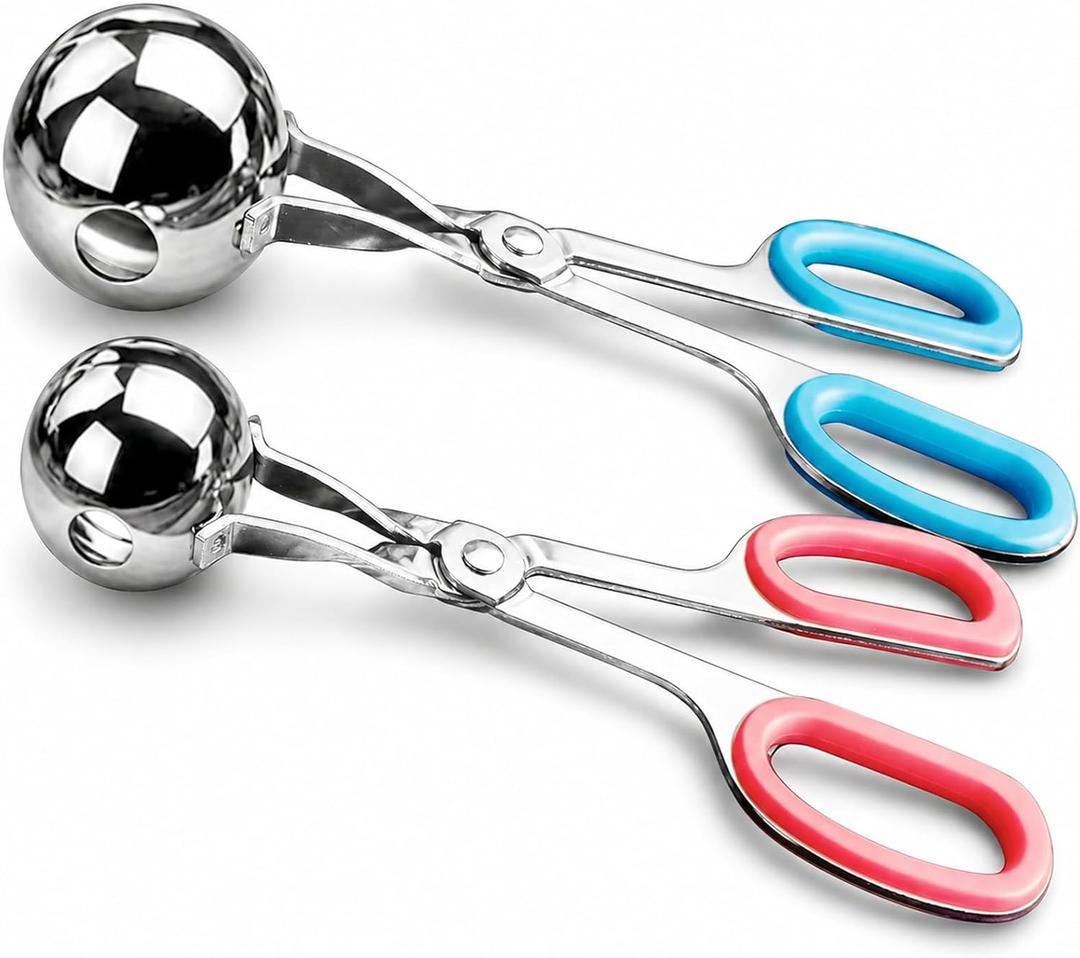 Meat Baller Tongs, 2-Pack Stainless Steel Meatball Maker with Detachable Anti-Slip Handles Non-Stick Food Scoop for Meatballs, Cake Pops, Cookie Dough, Ice Cream, and BBQ (1.38" & 1.78")