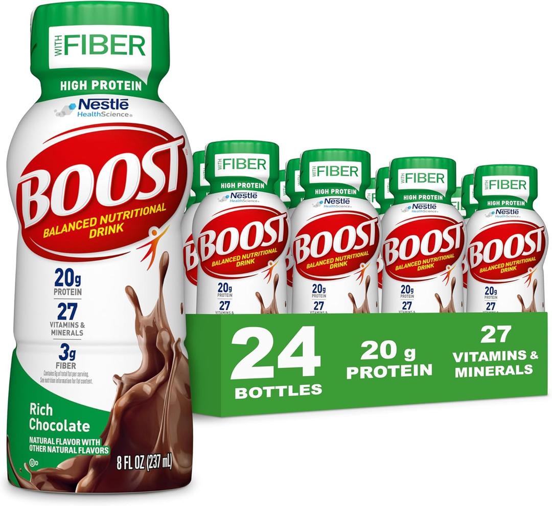 BOOST High Protein with Fiber Ready to Drink Complete Nutritional Drink, Rich Chocolate, 8 fl oz Bottle, 24 Pack, Best By:05/23/26