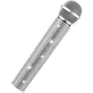 Sanwuta Fake Microphone Prop Sparkly Bling Rhinestones Plastic Play Microphone Pretend Glitter Bedazzled Mic for Cosplay Party Costume(Silver)