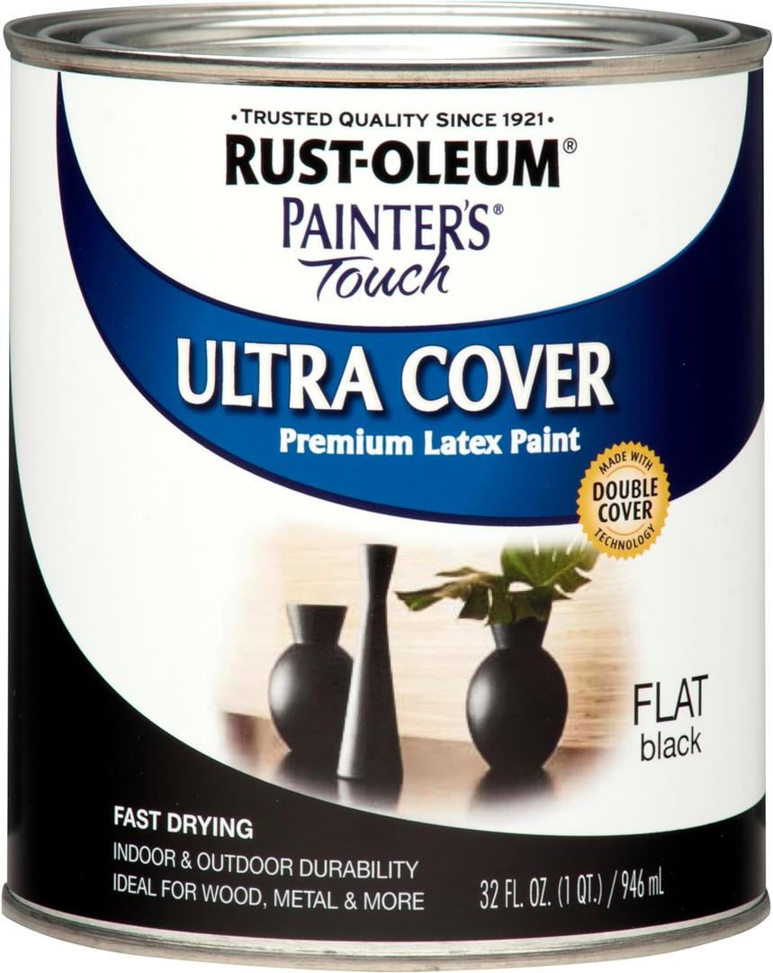 Rust-Oleum 1976502 Painter's Touch Latex Paint, Flat Black 32 Fl Oz, 1 Quarts, (Pack of 1)