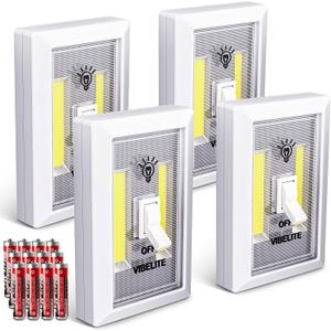 VIBELITE LED Night Light Switch, 12 Total Batteries Included, 200 Lumen Wireless COB LED Switch Light, Under Cabinet, Shelf, Closet, Garage, Kitchen, Stairwell and Emergency, Battery Operated, 4 Pack (White)