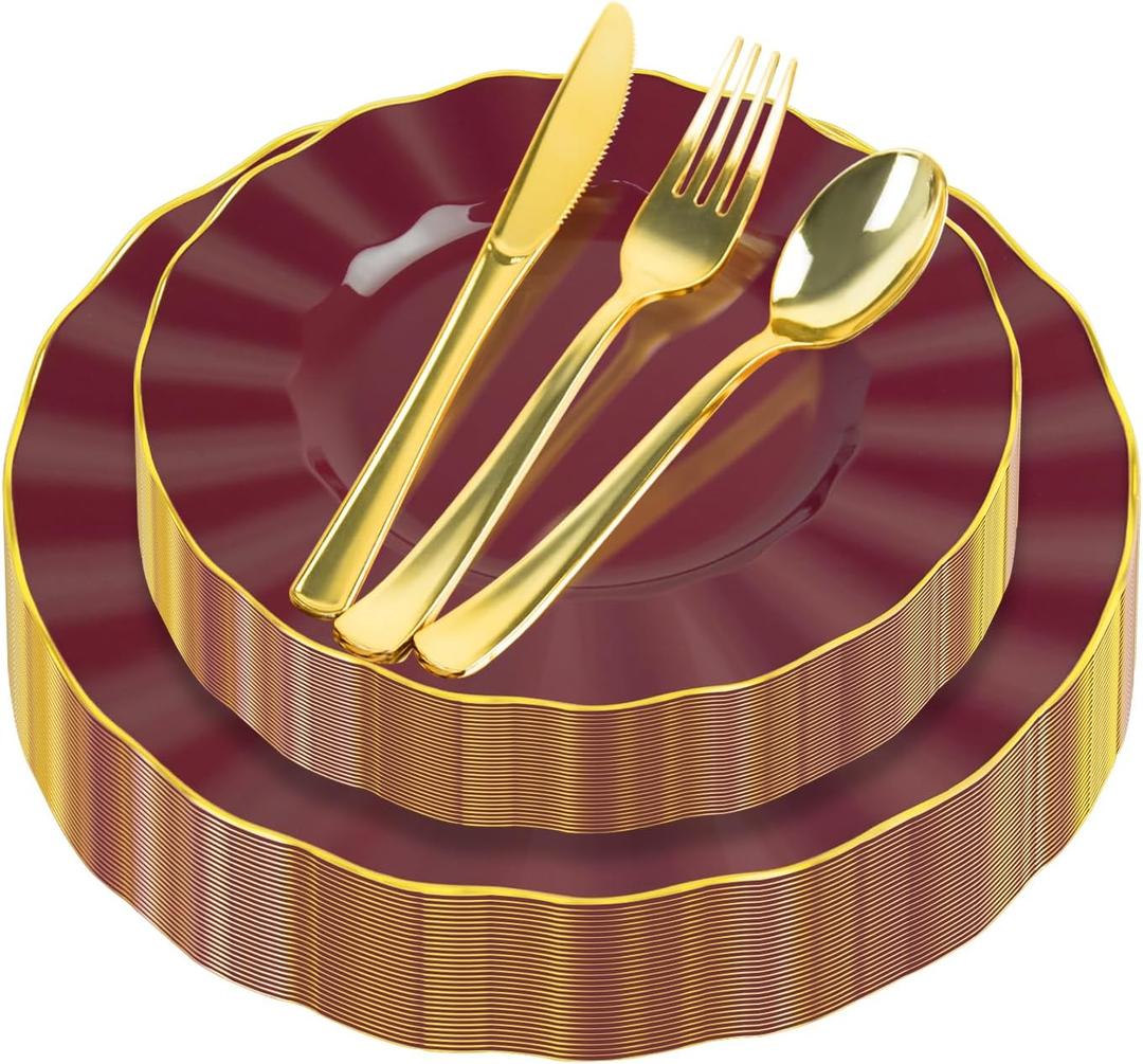 150Pcs Plastic Plates with Gold Rim,Heavy Duty Burgundy Plates for 30 Guests,Plastic Dinnerware Set Include 30 Dinner Plate,30 Dessert Plate,90 Gold Cutlery Set for Party (Burgundy)