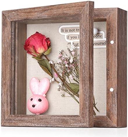 5x5 Small Shadow Box Frame with Linen Back - Sturdy Rustic Memory Display Case of Flower, Pictures, Medals and More, Rustic Brown