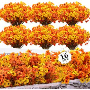 16 Bundles Artificial Mums for Outdoors/Indoors Faux Mums for Outdoor Planters, Eucalyptus Leaves Fall Flowers Artificial for Decoration Boxwood Garden Porch Window Home Wedding (Yellow&red Green)