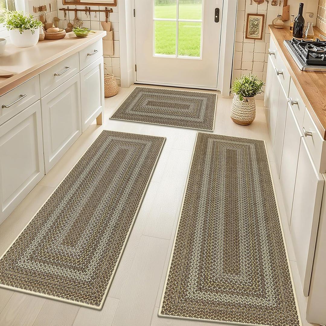 HEBE Washable Kitchen Rugs Sets of 3, Non Slip Absorbent Kitchen Rugs and Mats, Farmhouse Stain Resistant Faux Jute Kitchen Mat Carpet Runner for Kitchen Floor, Laundry Room, Hallway, Yellow/Brown (20"x32"+20"x48"+20"x59")
