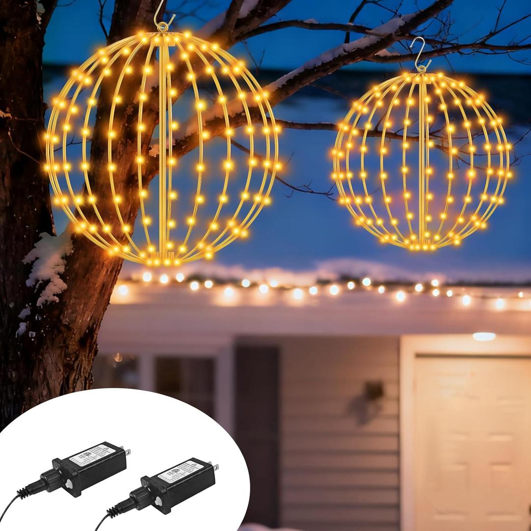 ANGAR 2 Pack 16" Christmas Ball Lights Outdoor/Indoor, Foldable Large Lighted LED Sphere for Trees, Hanging Lights with Hook, Holiday Decor, Garden, Patio, Wedding (White)