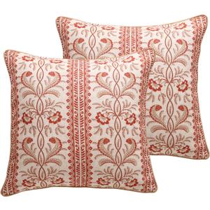 Design Euro Linen Square Throw Pillow Covers 18"x18" Pack of 2, French Country Cushion Covers with Orange Morris Floral Pattern Decoration Pillowcases for Bed, Living Room, Outdoor, Car