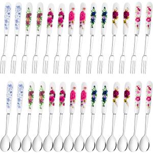 28 PCS Dessert Forks and Spoons Silverware Set with Ceramics Handle,Includes 1PCS Storage Bag,Stainless Steel Mini Coffee,Tea Spoons for Dessert Salad Appetizers