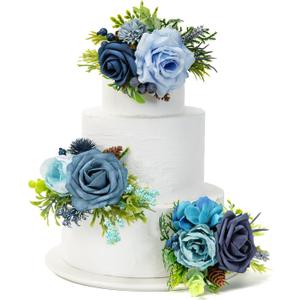 TINGE TIME 3Pcs Wedding Cake Topper Pre-made Set, Navy Blue Artificial Wedding Cake Flower for Reception & Anniversary, Silk Floral Wedding Toppers for Cake, Valentines Cake Topper Decorations